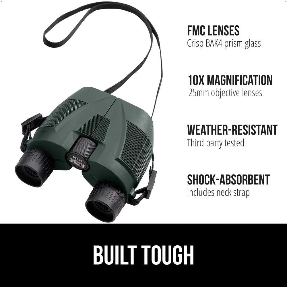 GORILLA GRIP 10x25 Compact Binoculars for Adults with Strap, Superior High Powered Clear 10X Magnification, Lightweight, Bird Watching, Hunting, Stargazing, Adjustable Eye Cups, Green