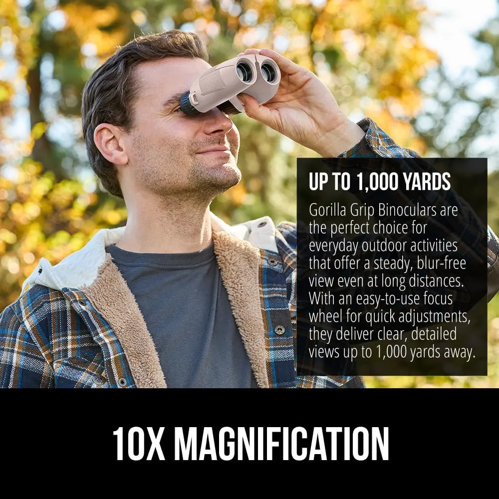 GORILLA GRIP 10x25 Compact Binoculars for Adults with Strap, Superior High Powered Clear 10X Magnification, Lightweight, Bird Watching, Hunting, Stargazing, Adjustable Eye Cups, Khaki