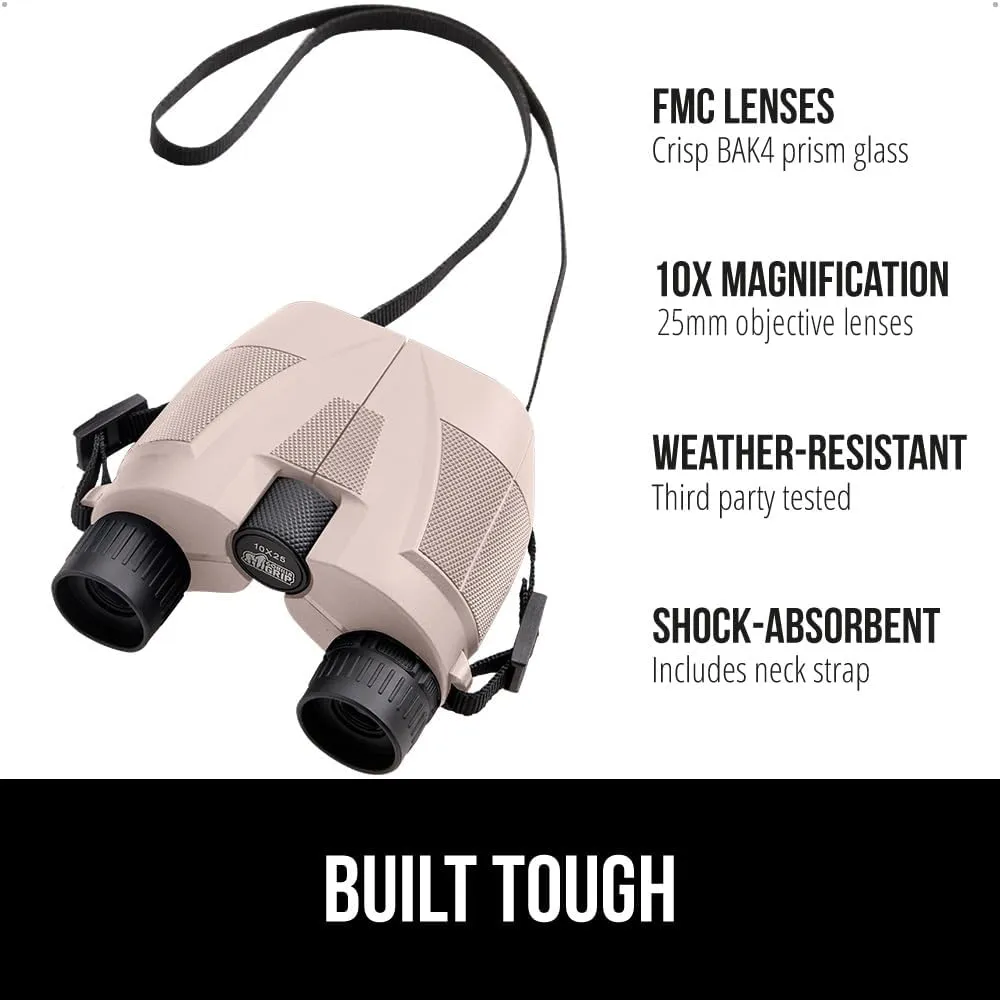 GORILLA GRIP 10x25 Compact Binoculars for Adults with Strap, Superior High Powered Clear 10X Magnification, Lightweight, Bird Watching, Hunting, Stargazing, Adjustable Eye Cups, Khaki