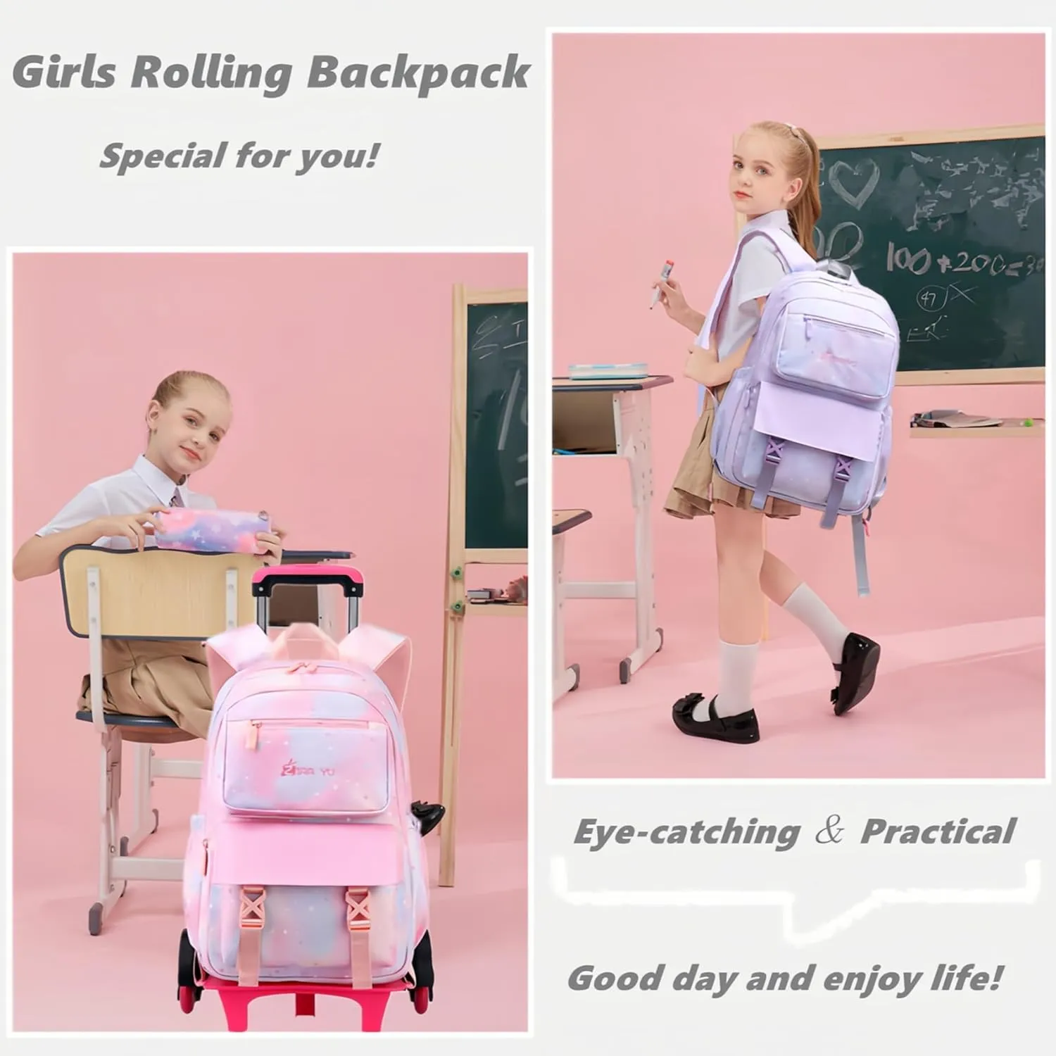 Gradient-Star Girls Rolling Backpacks for School, Capacity School Bags Bookbags for Teens Girls with 6 Wheels