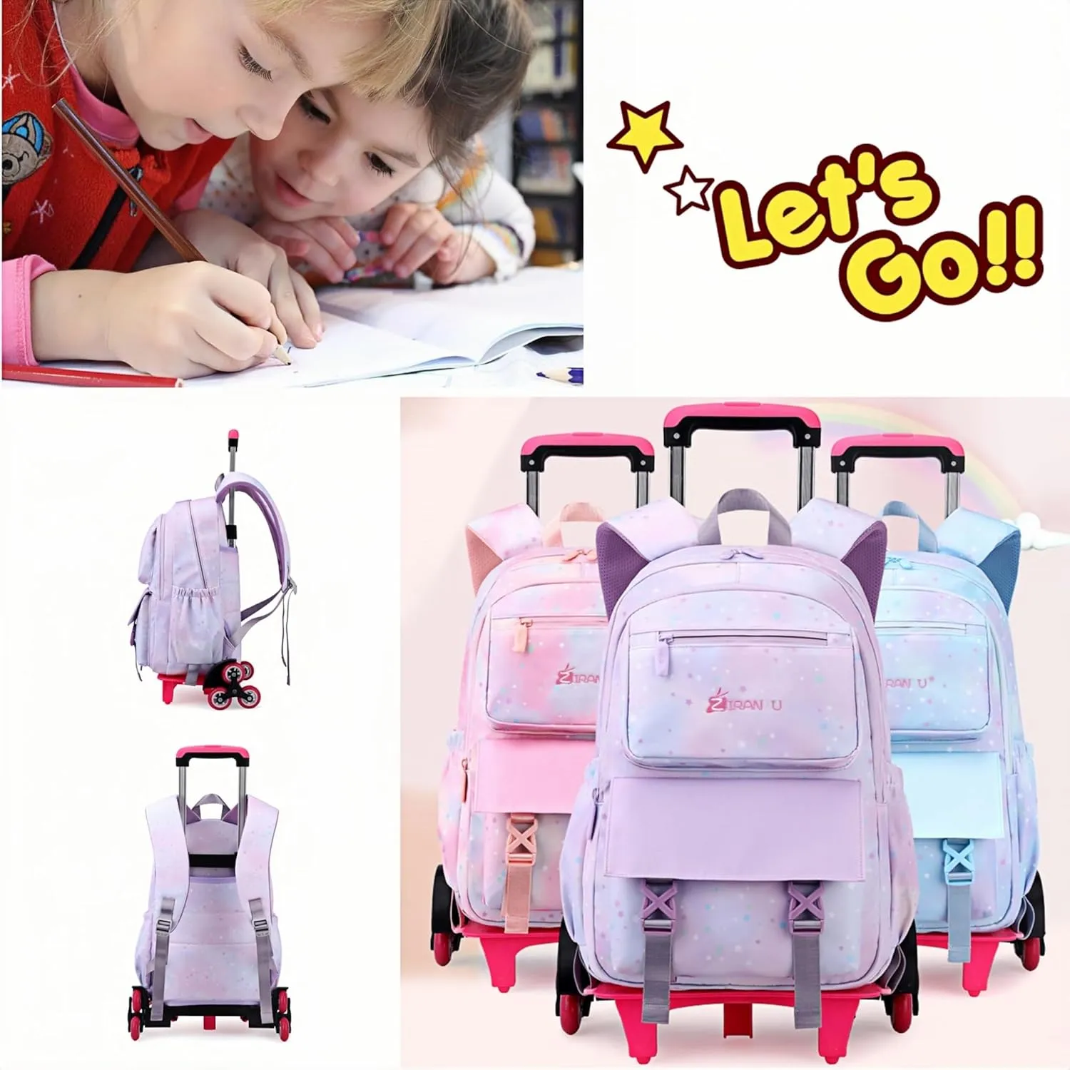 Gradient-Star Girls Rolling Backpacks for School, Capacity School Bags Bookbags for Teens Girls with 6 Wheels