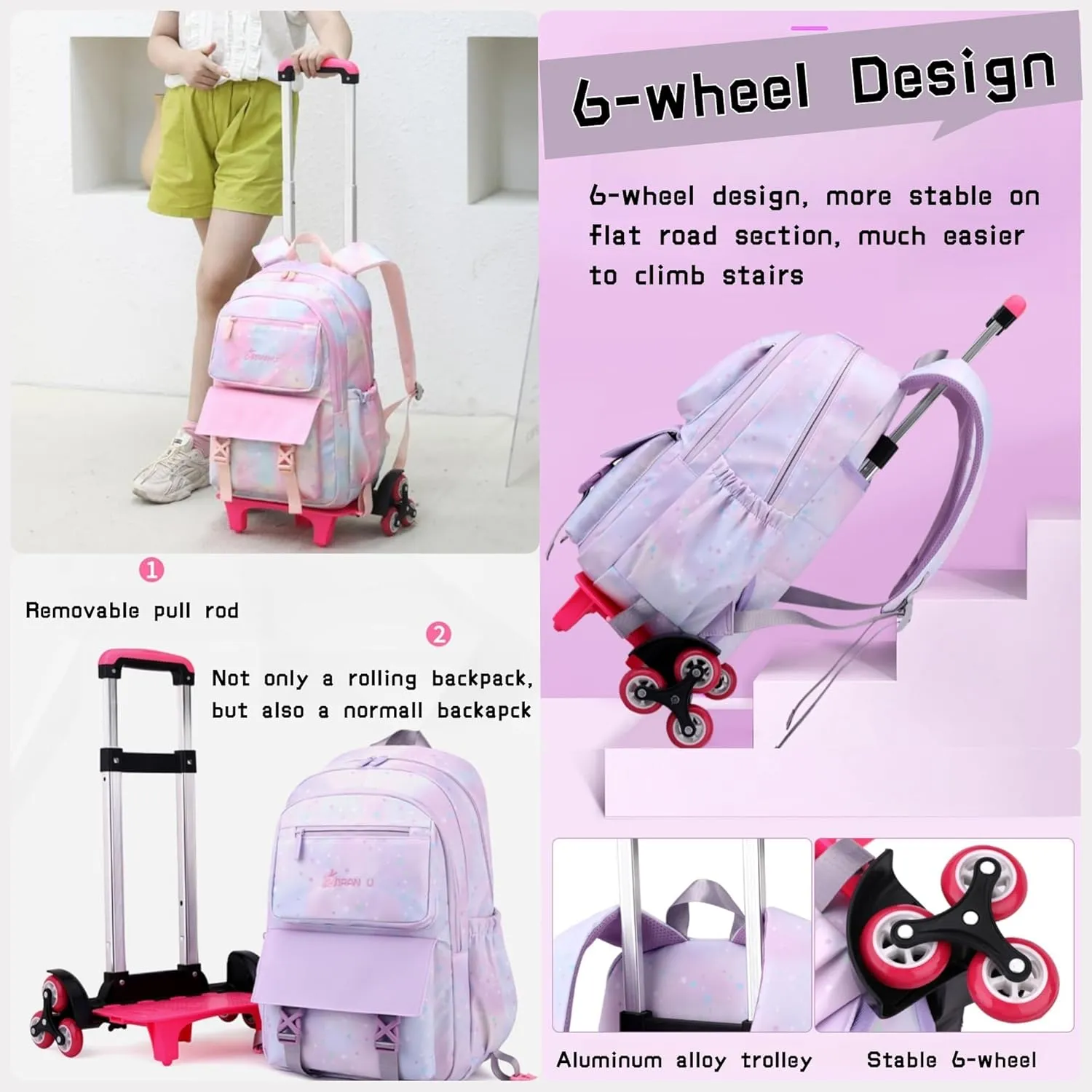 Gradient-Star Girls Rolling Backpacks for School, Capacity School Bags Bookbags for Teens Girls with 6 Wheels