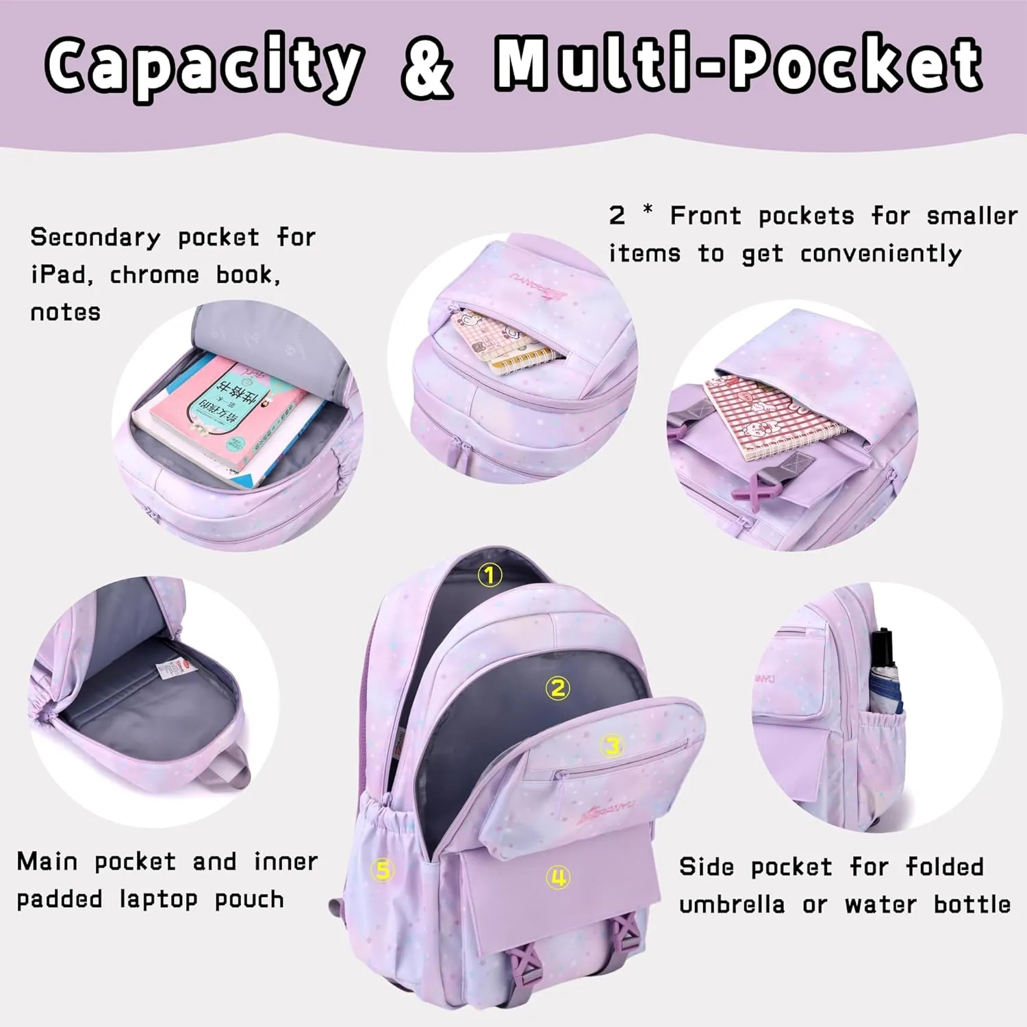 Gradient-Star Girls Rolling Backpacks for School, Capacity School Bags Bookbags for Teens Girls with 6 Wheels