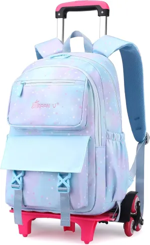 Gradient-Star Girls Rolling Backpacks for School, Capacity School Bags Bookbags for Teens Girls with 6 Wheels