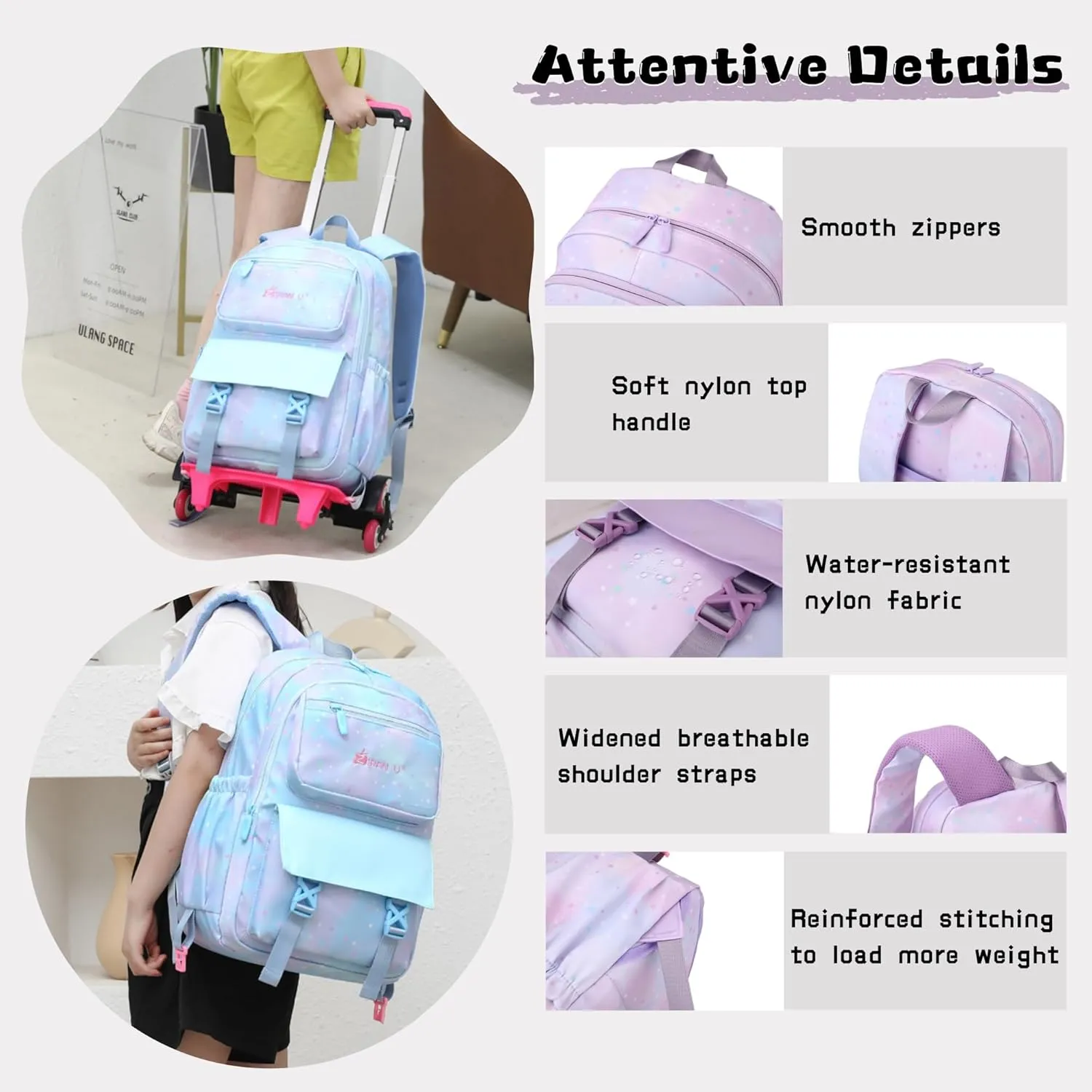 Gradient-Star Girls Rolling Backpacks for School, Capacity School Bags Bookbags for Teens Girls with 6 Wheels