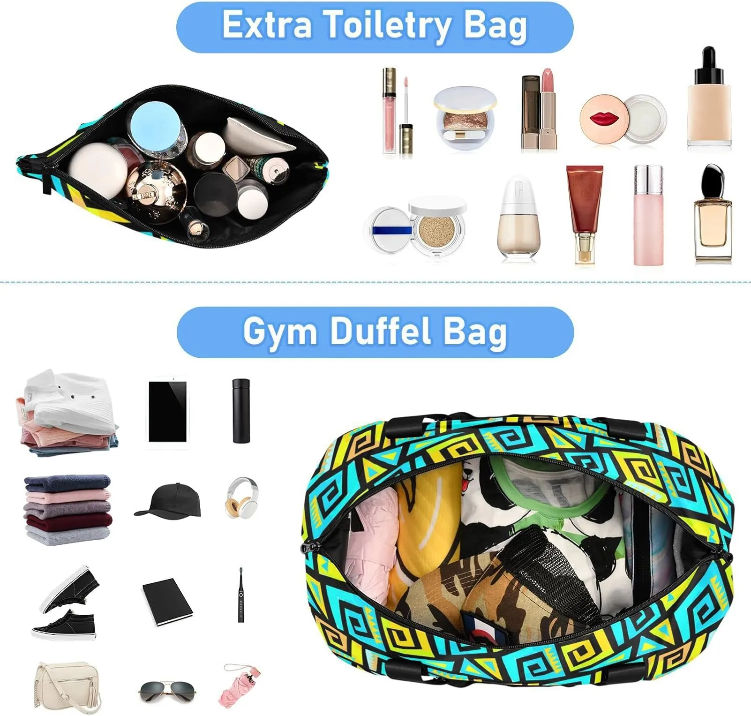 Graffiti Geometric Motif, Funky Style Yellow and Turquoise Swirls Foldable Travel Bag, Camping Luggage bag, Portable Gym Bag, Sports Bag, Toiletry Bag with Handles Adjustable Shoulder Strap