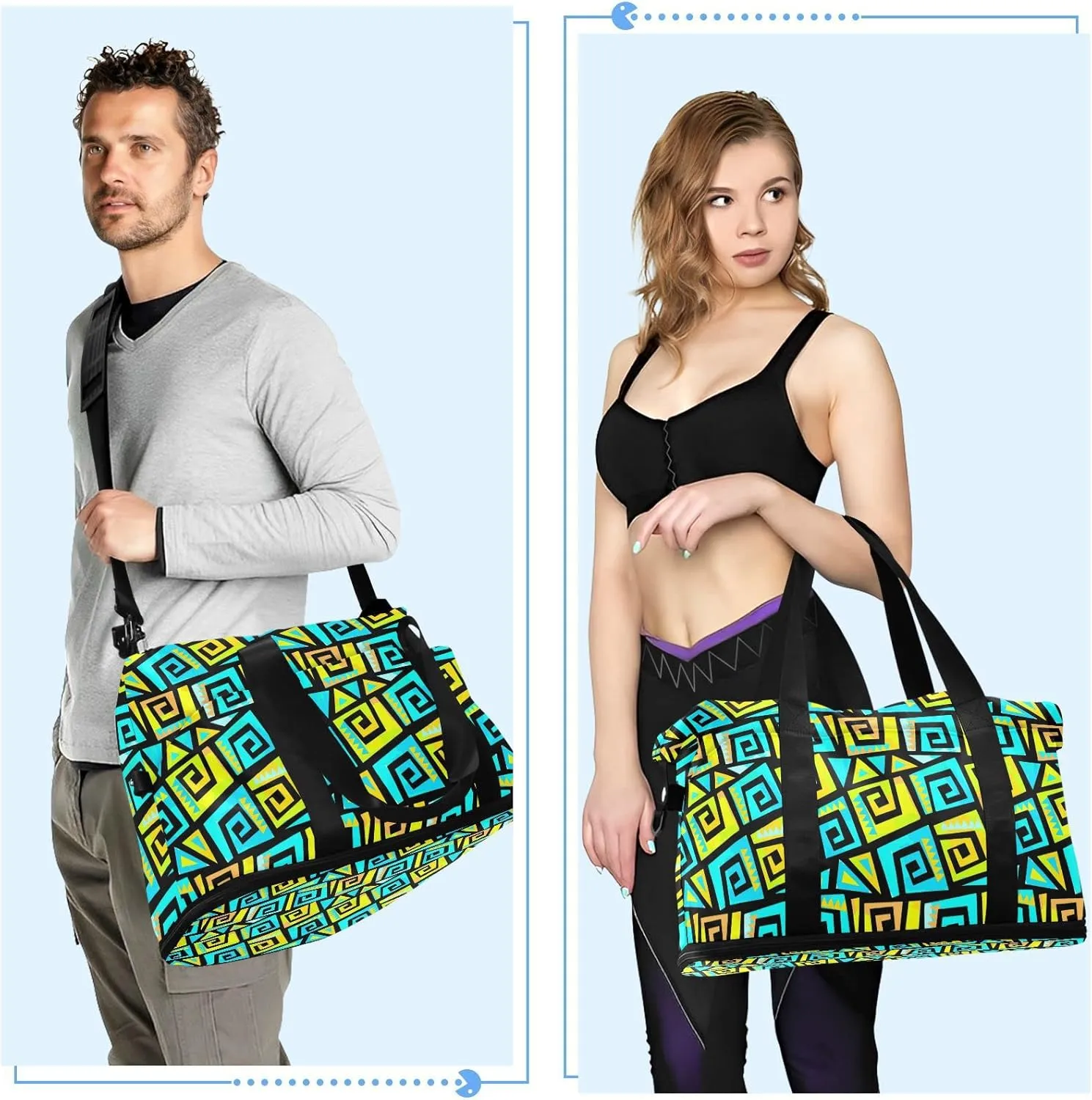 Graffiti Geometric Motif, Funky Style Yellow and Turquoise Swirls Foldable Travel Bag, Camping Luggage bag, Portable Gym Bag, Sports Bag, Toiletry Bag with Handles Adjustable Shoulder Strap