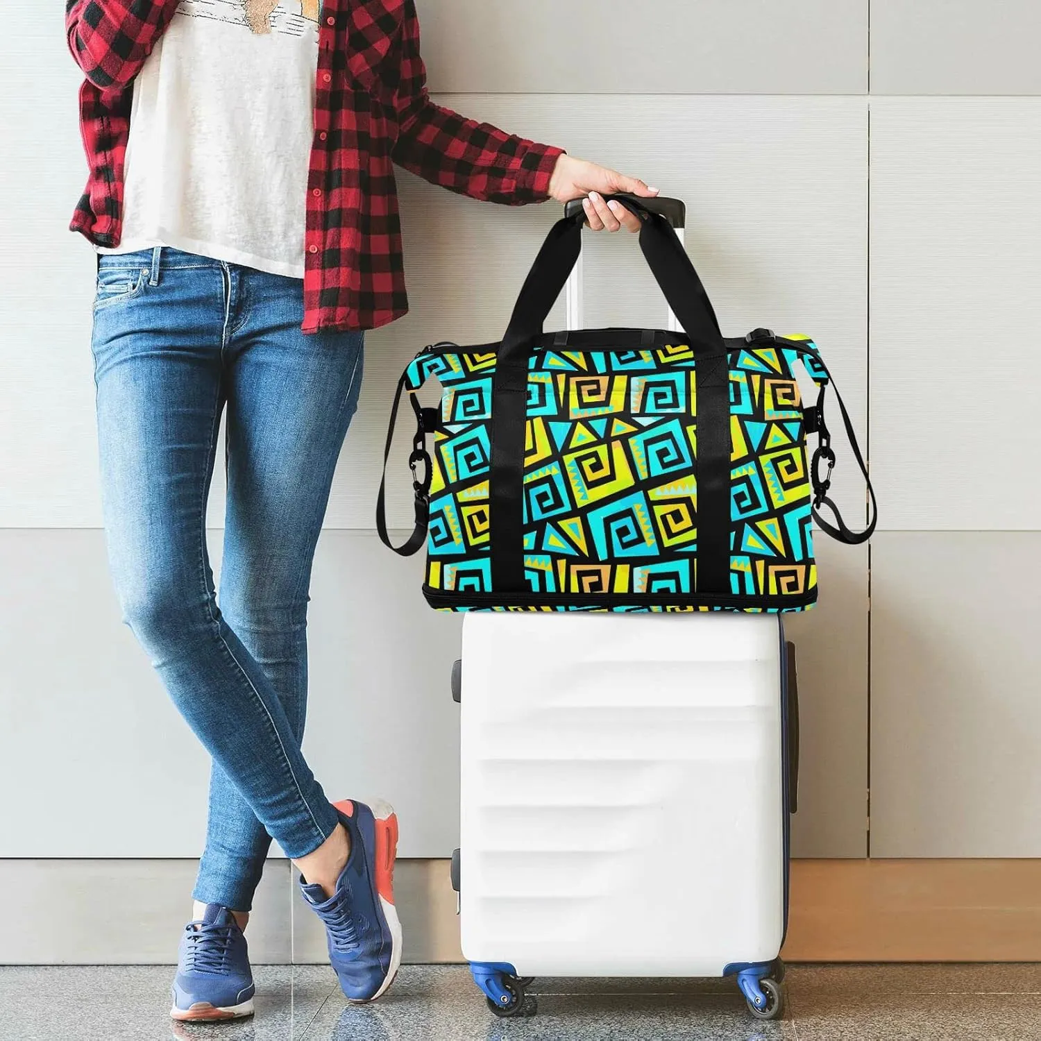 Graffiti Geometric Motif, Funky Style Yellow and Turquoise Swirls Foldable Travel Bag, Camping Luggage bag, Portable Gym Bag, Sports Bag, Toiletry Bag with Handles Adjustable Shoulder Strap