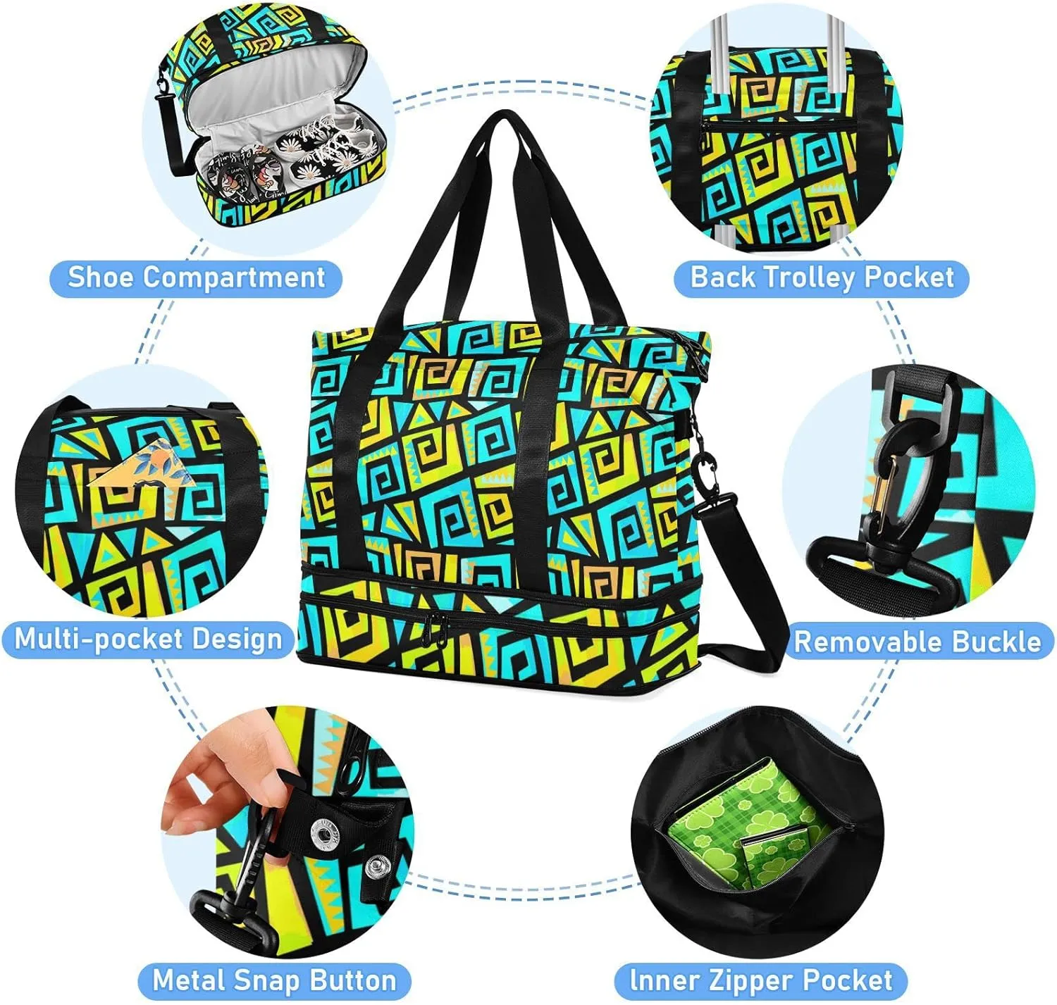 Graffiti Geometric Motif, Funky Style Yellow and Turquoise Swirls Foldable Travel Bag, Camping Luggage bag, Portable Gym Bag, Sports Bag, Toiletry Bag with Handles Adjustable Shoulder Strap