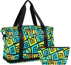 Graffiti Geometric Motif, Funky Style Yellow and Turquoise Swirls Foldable Travel Bag, Camping Luggage bag, Portable Gym Bag, Sports Bag, Toiletry Bag with Handles Adjustable Shoulder Strap
