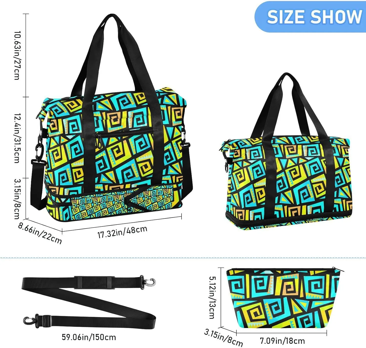 Graffiti Geometric Motif, Funky Style Yellow and Turquoise Swirls Foldable Travel Bag, Camping Luggage bag, Portable Gym Bag, Sports Bag, Toiletry Bag with Handles Adjustable Shoulder Strap