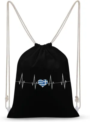 Greece Heartbeat Cute Greek Flag Drawstring Backpack Canvas Double Shoulder Bag Sports Gym Sackpack String Bag for Women Men 35x50cm