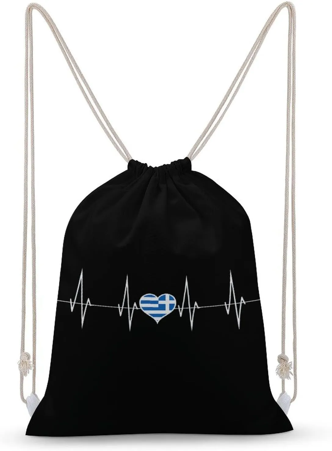 Greece Heartbeat Cute Greek Flag Drawstring Backpack Canvas Double Shoulder Bag Sports Gym Sackpack String Bag for Women Men 35x50cm