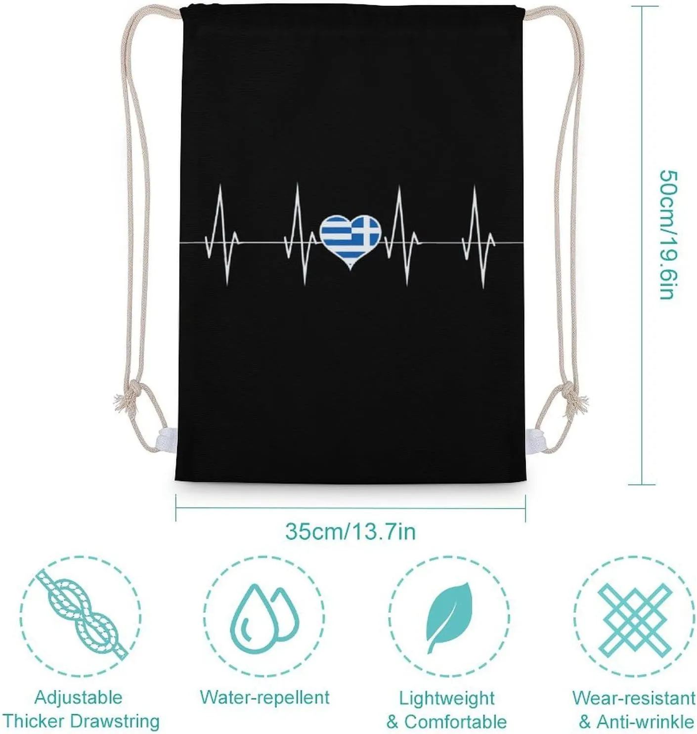 Greece Heartbeat Cute Greek Flag Drawstring Backpack Canvas Double Shoulder Bag Sports Gym Sackpack String Bag for Women Men 35x50cm