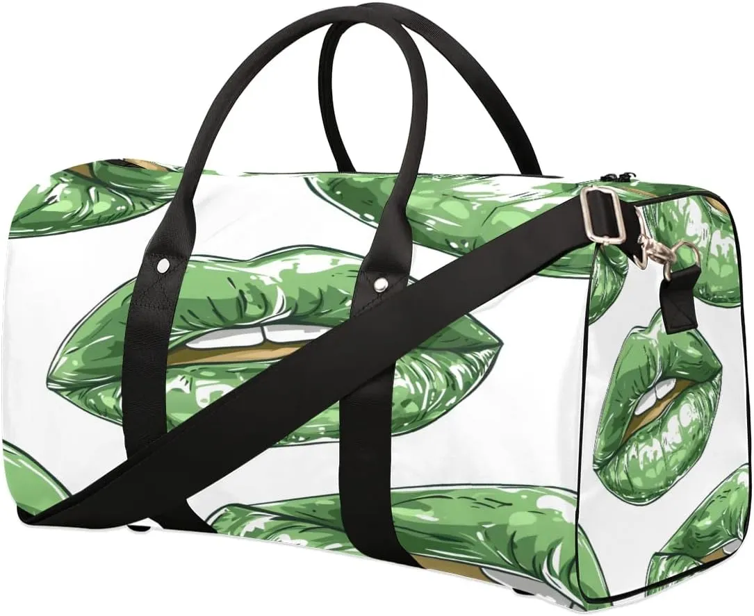 Green Lips Pattern Printed Travel Duffel Bag for Women Men Foldable Sport Gym Tote Bag Lightweight Waterproof Weekender Overnight Bag for Weekend Holiday Gym Swim Yoga