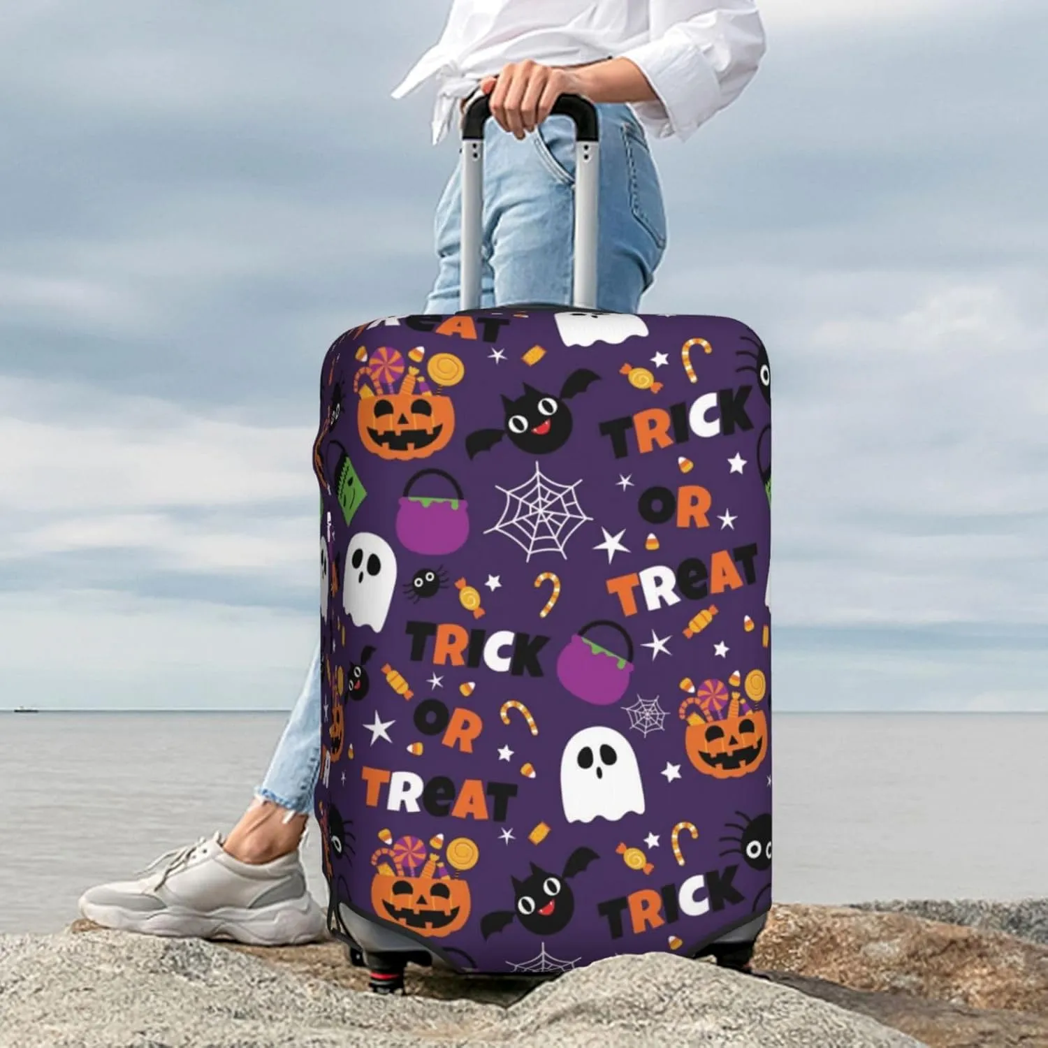 Halloween Sweet Candy Print Elastic Travel Luggage Cover Suitcase Protector Bag, Anti-Scratch, Washable Suitcase Sleeve For Kid Adult,For 18-32 Inch Luggage