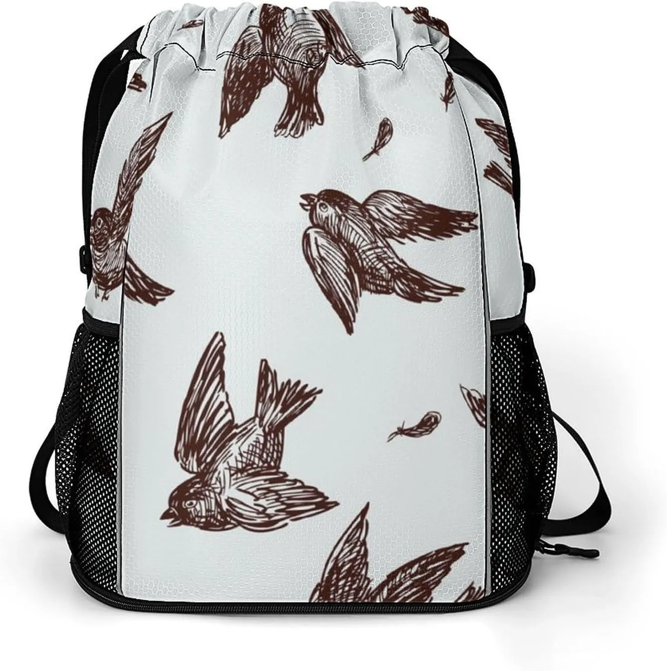 Hand Drawn Fighting Sparrows Fashion Drawstring Backpack Waterproof Swim Gym Bag for Women Men Hiking, 45.5x41.5x36cm