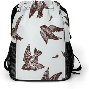 Hand Drawn Fighting Sparrows Fashion Drawstring Backpack Waterproof Swim Gym Bag for Women Men Hiking, 45.5x41.5x36cm