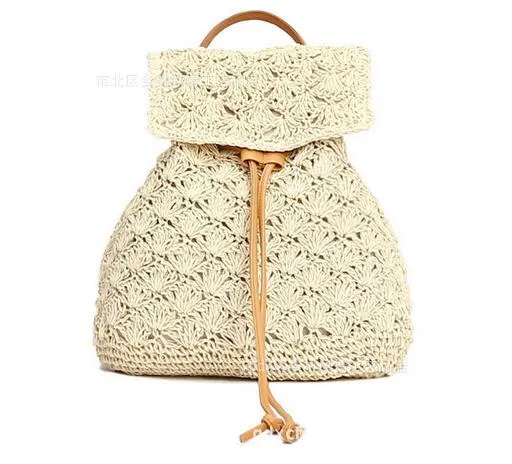 Handmade Women Beach Travel Lace Straw Out Hollow Drawstring Knitted Bags Backpacks Lightweight Bucket Design 30pcs Heavy-duty Summer