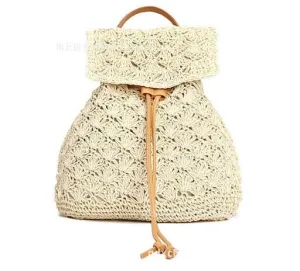 Handmade Women Beach Travel Lace Straw Out Hollow Drawstring Knitted Bags Backpacks Lightweight Bucket Design 30pcs Heavy-duty Summer