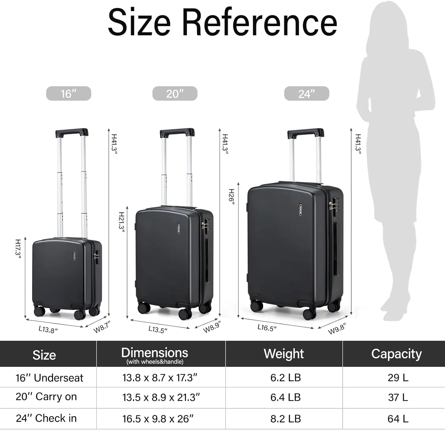 Hanke 16 Inch Underseat Carry On Luggage with Wheels Hard Shell Lightweight Suitcases Small Tsa Luggage Travel Rolling Luggage(Jet Black)