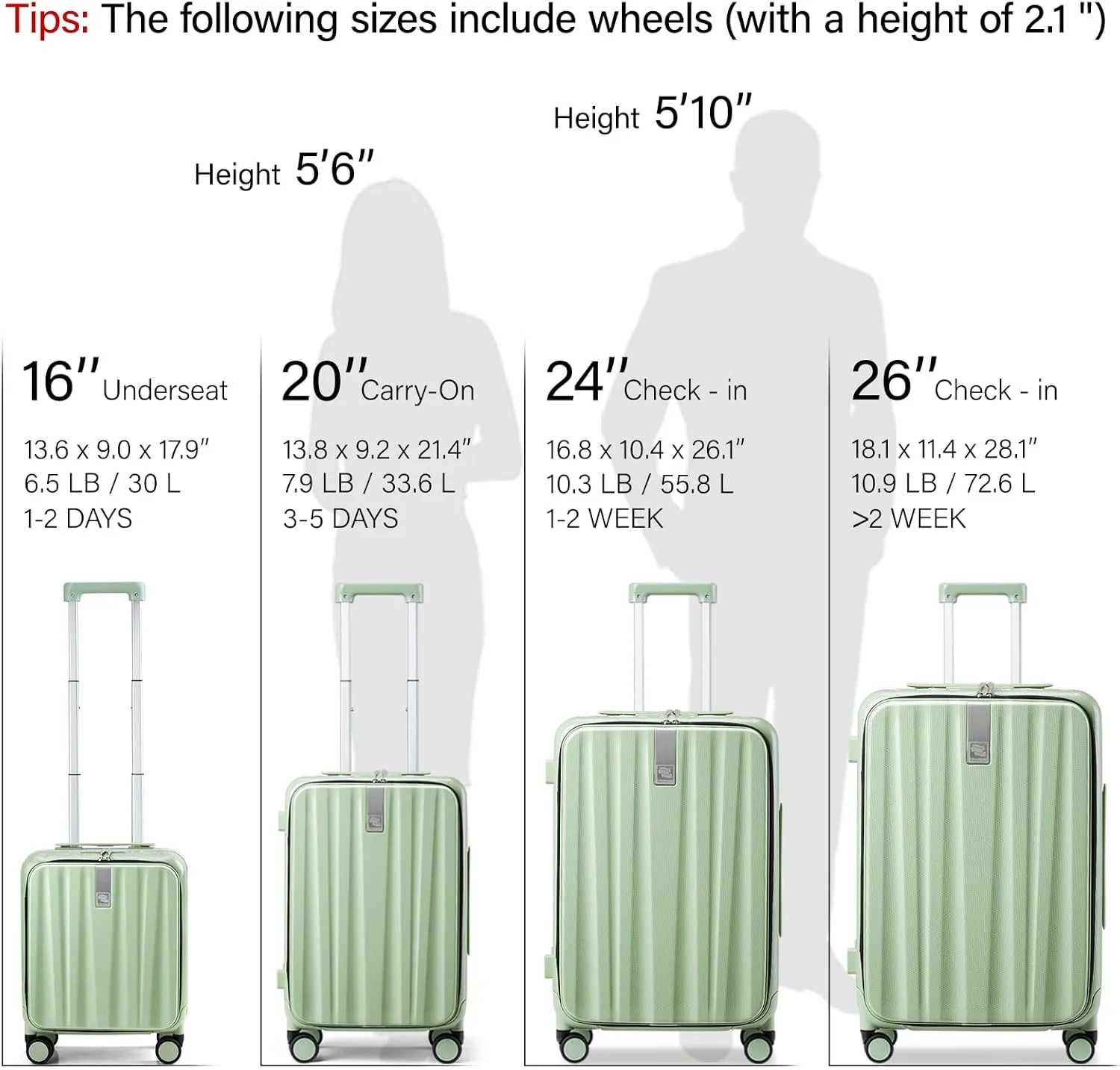 Hanke 16 Inch Underseat Carry On Luggage with Wheels,Small Hard Shell Suitcases for Weekender,Top Opening Lightweight Travel Luggage Suitcase for Womem Men,Bamboo Green.