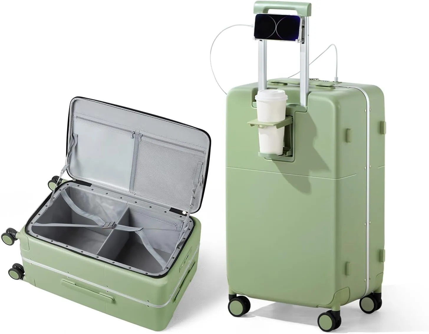 Hanke 20 Inch Carry On Luggage Airline Approved with Lock and Cup Holder,Top Opening Hard Shell Suitcases Travel Luggage with Wheels,Bamboo Green