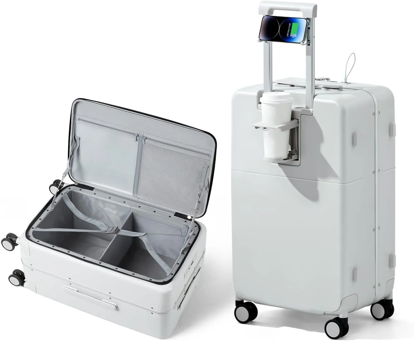 Hanke 20 Inch Carry On Luggage Airline Approved with TSA Lock and Cup Holder,Top Opening Hard Shell Suitcases Travel Luggage with Wheels,Smoke White