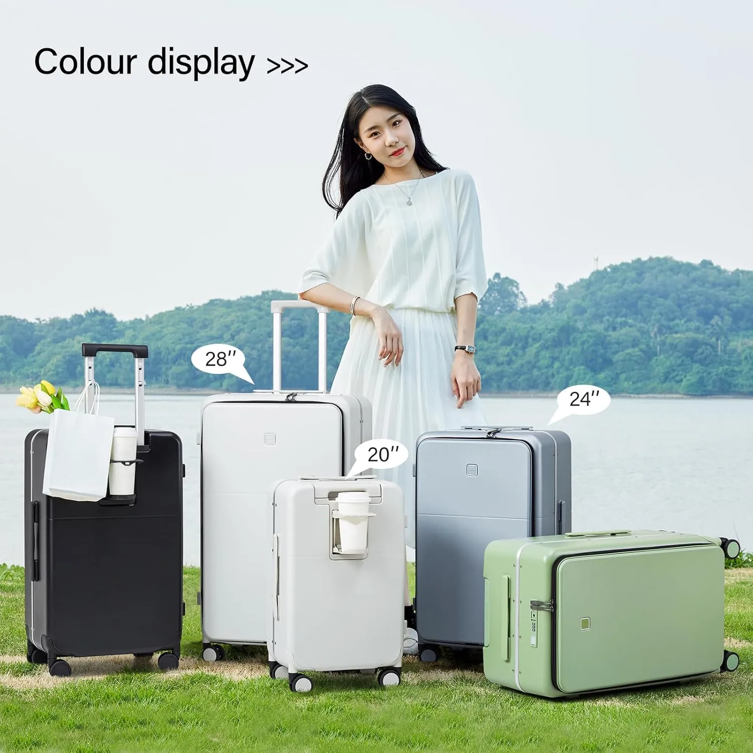 Hanke 20 Inch Carry On Luggage Airline Approved with TSA Lock and Cup Holder,Top Opening Hard Shell Suitcases Travel Luggage with Wheels,Smoke White