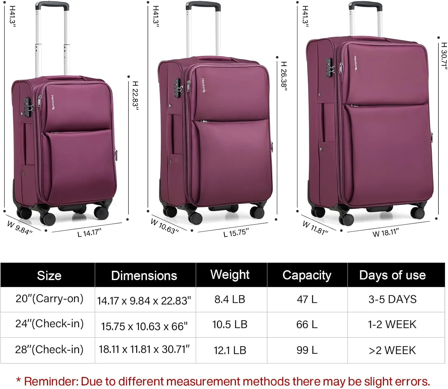 Hanke 28 Inch Luggage Softside Expandable Suitcases with Spinner Wheels, Travel Checked Luggage for Women Men(Purple)