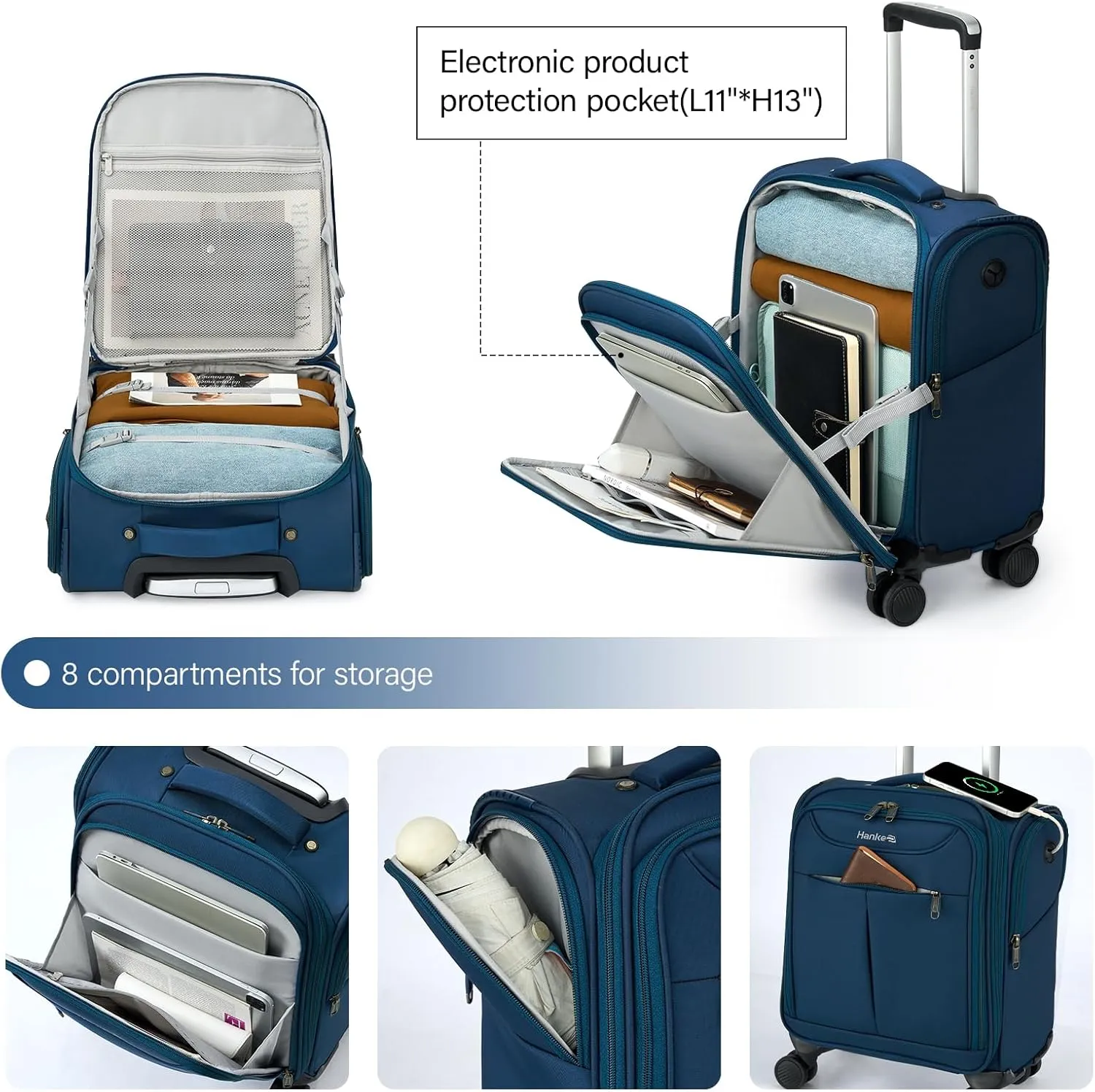 Hanke Underseat Carry On Luggage with Wheels, Lightweight Small Suitcase Airline Approved 16 Inch Softside Personal Item Travel Bag for Women Men, Compact Under Seat Luggage with Spinner Wheels.(Blue)