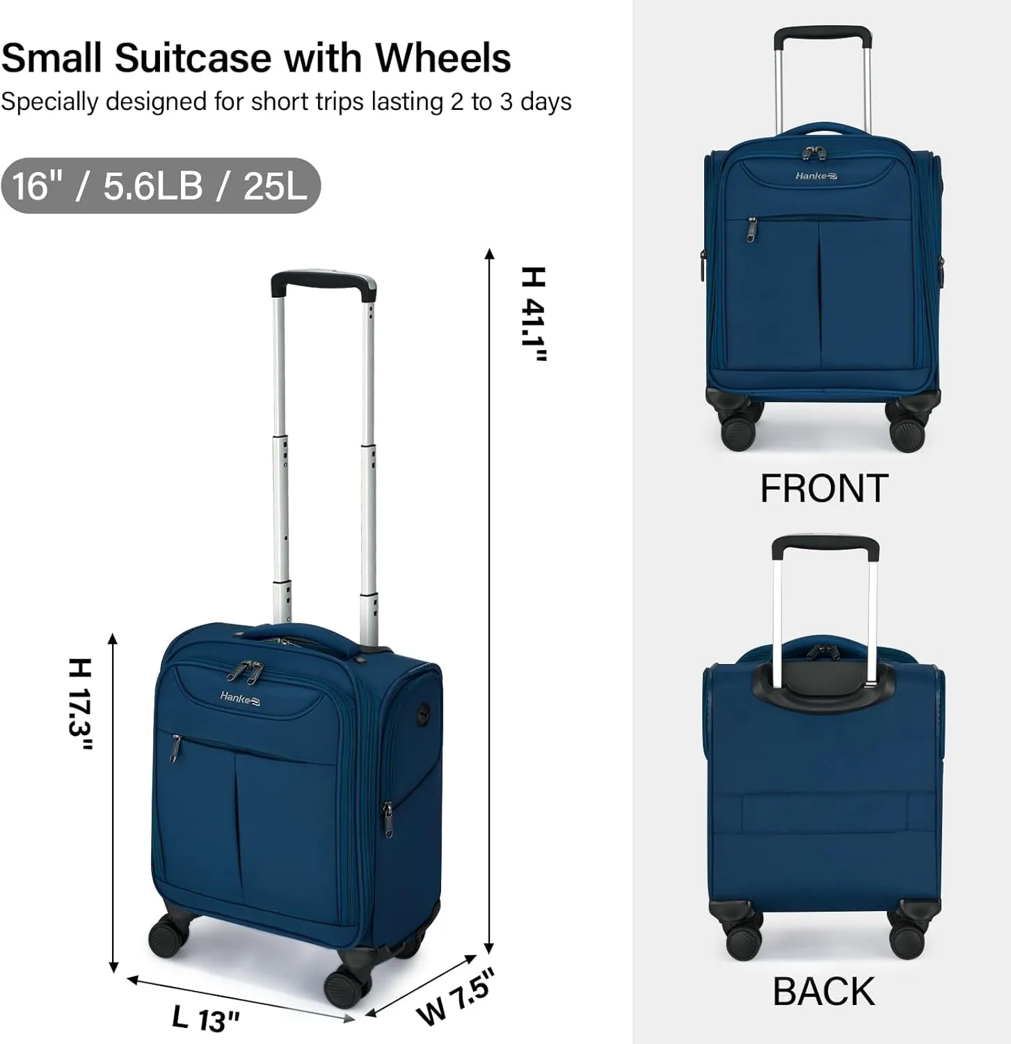 Hanke Underseat Carry On Luggage with Wheels, Lightweight Small Suitcase Airline Approved 16 Inch Softside Personal Item Travel Bag for Women Men, Compact Under Seat Luggage with Spinner Wheels.(Blue)