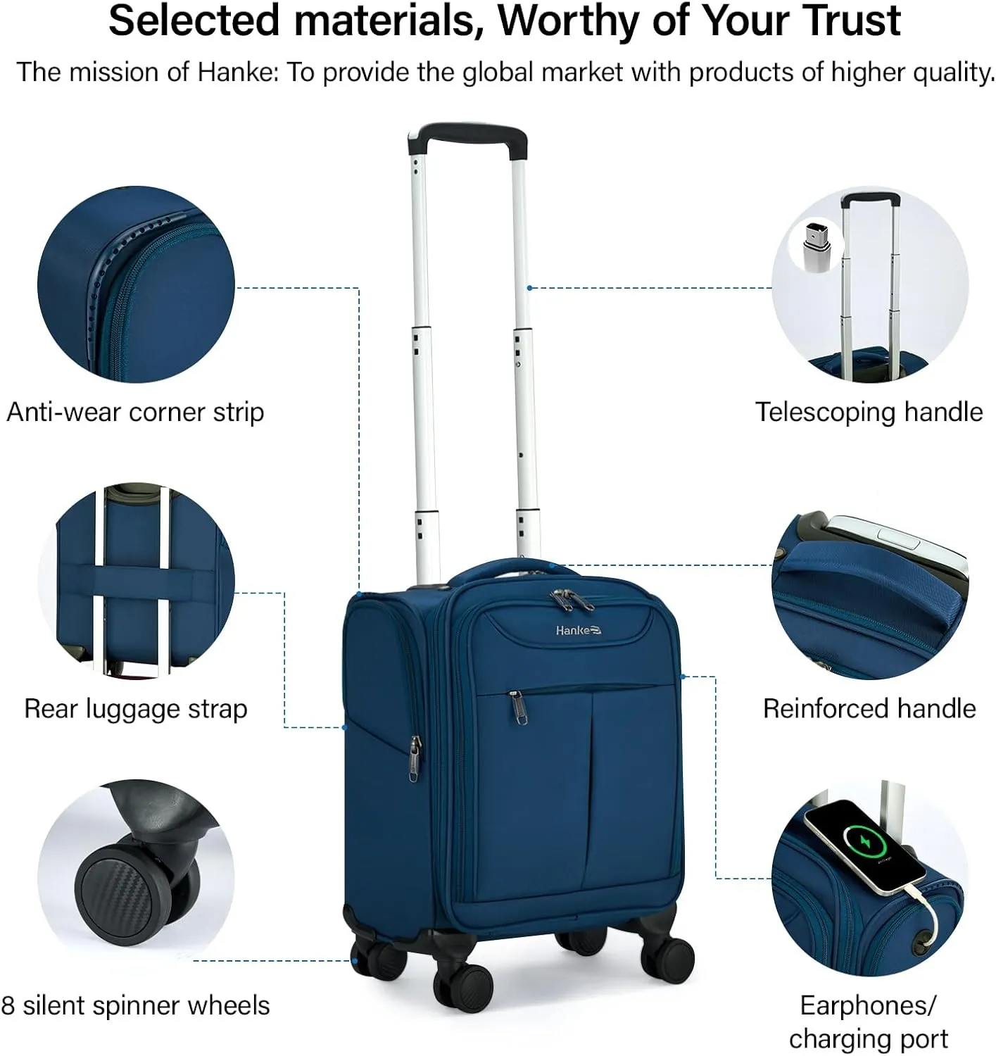 Hanke Underseat Carry On Luggage with Wheels, Lightweight Small Suitcase Airline Approved 16 Inch Softside Personal Item Travel Bag for Women Men, Compact Under Seat Luggage with Spinner Wheels.(Blue)