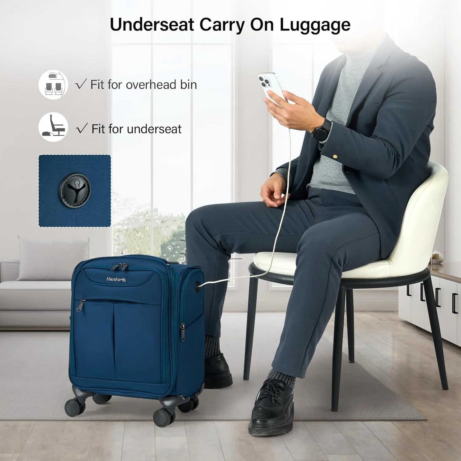 Hanke Underseat Carry On Luggage with Wheels, Lightweight Small Suitcase Airline Approved 16 Inch Softside Personal Item Travel Bag for Women Men, Compact Under Seat Luggage with Spinner Wheels.(Blue)