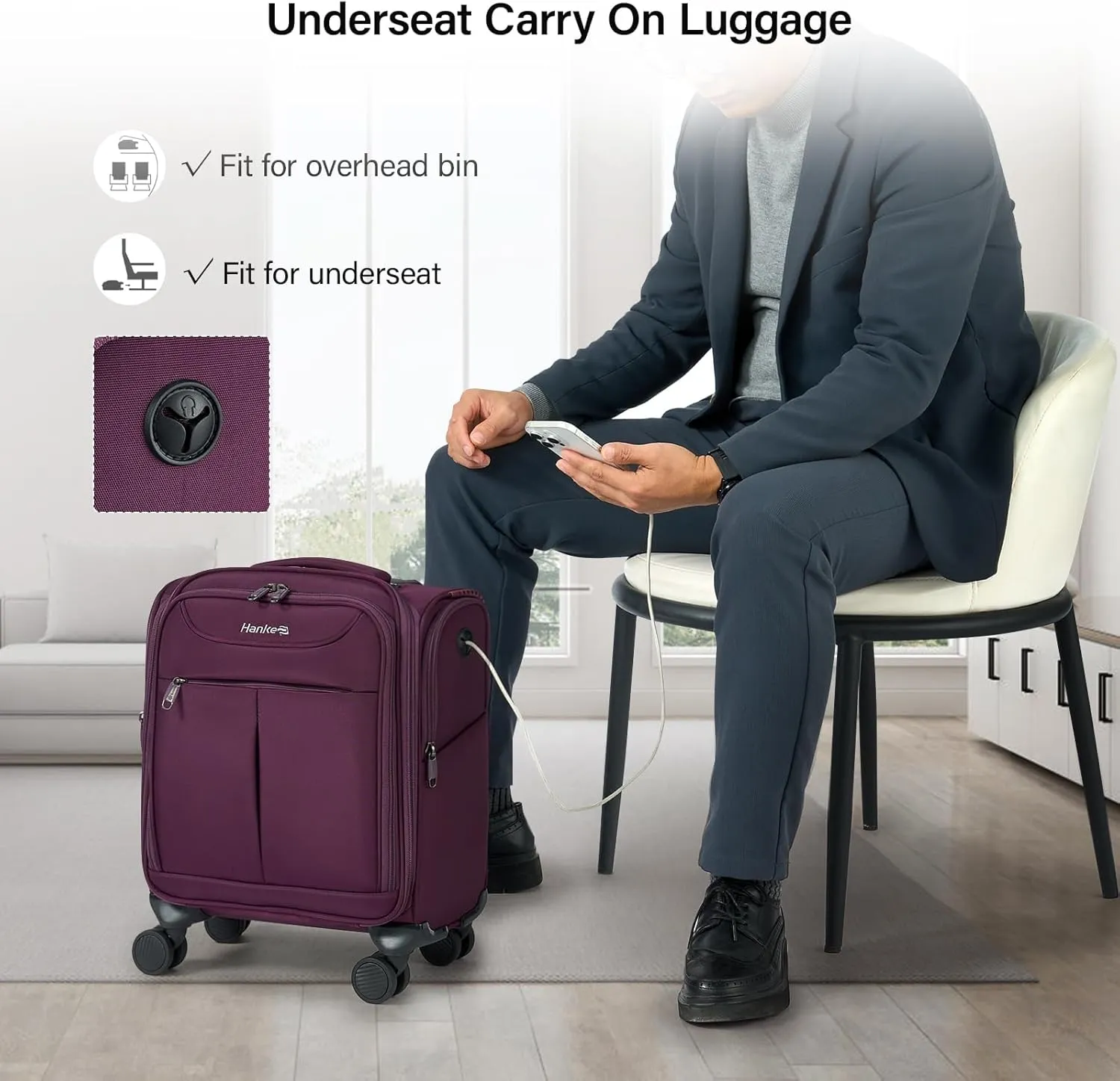 Hanke Underseat Carry On Luggage with Wheels, Lightweight Small Suitcase Airline Approved 16 Inch Softside Personal Item Travel Bag for Women Men, Compact Under Seat Luggage with Spinner Wheels,Purple