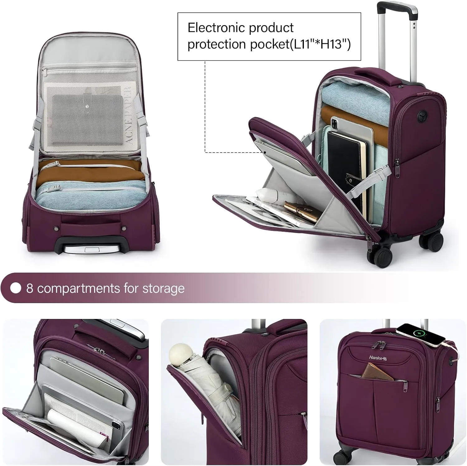 Hanke Underseat Carry On Luggage with Wheels, Lightweight Small Suitcase Airline Approved 16 Inch Softside Personal Item Travel Bag for Women Men, Compact Under Seat Luggage with Spinner Wheels,Purple