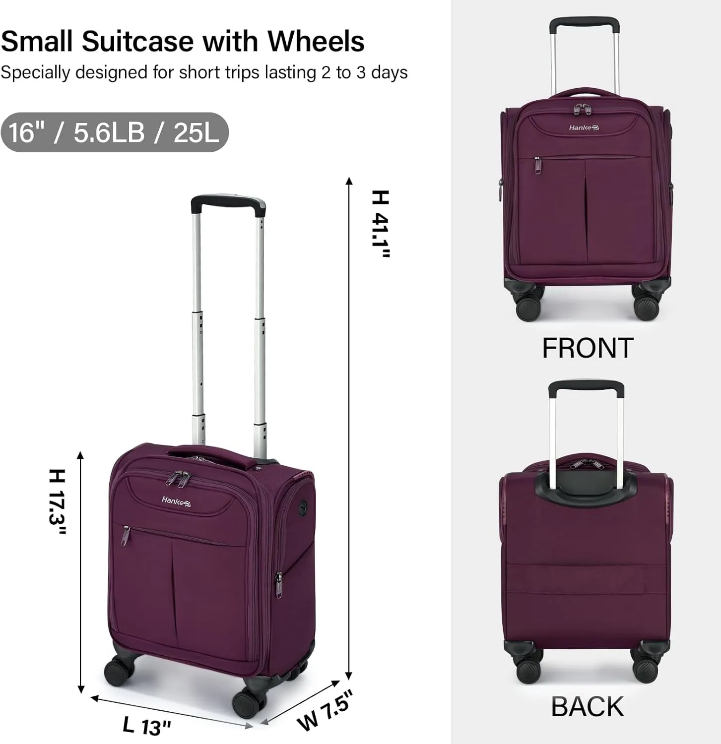 Hanke Underseat Carry On Luggage with Wheels, Lightweight Small Suitcase Airline Approved 16 Inch Softside Personal Item Travel Bag for Women Men, Compact Under Seat Luggage with Spinner Wheels,Purple