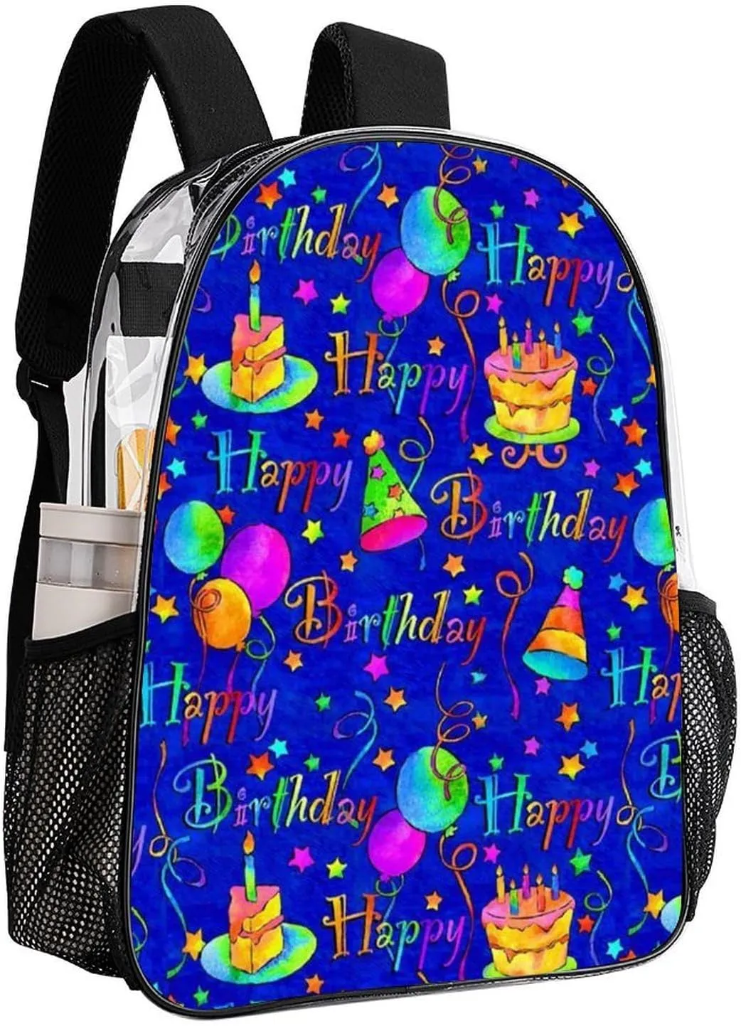 Happy Birthday Blue Cake Transparent Fashion Waterproof PVC Transparent Backpack Unisex 17 Inches