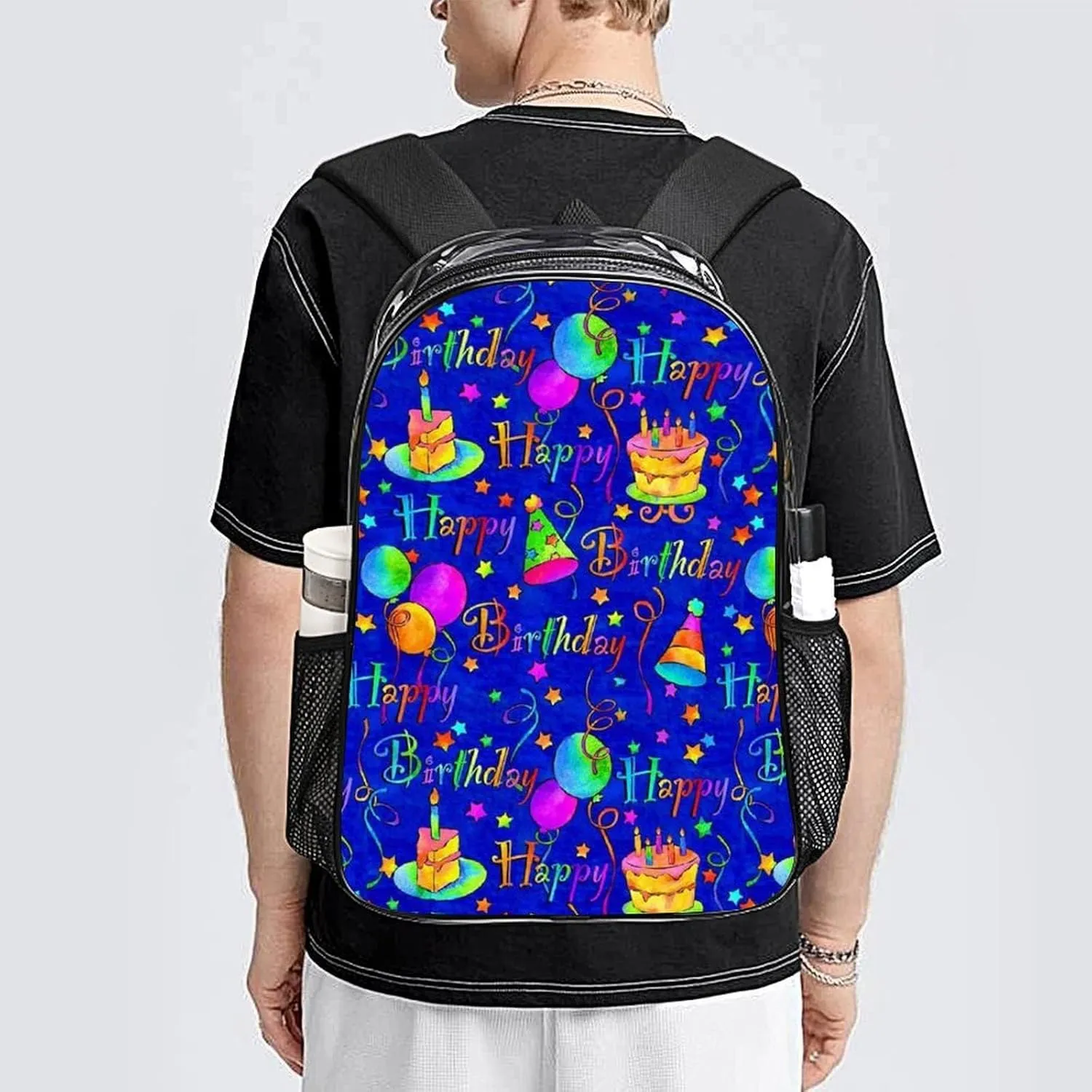 Happy Birthday Blue Cake Transparent Fashion Waterproof PVC Transparent Backpack Unisex 17 Inches