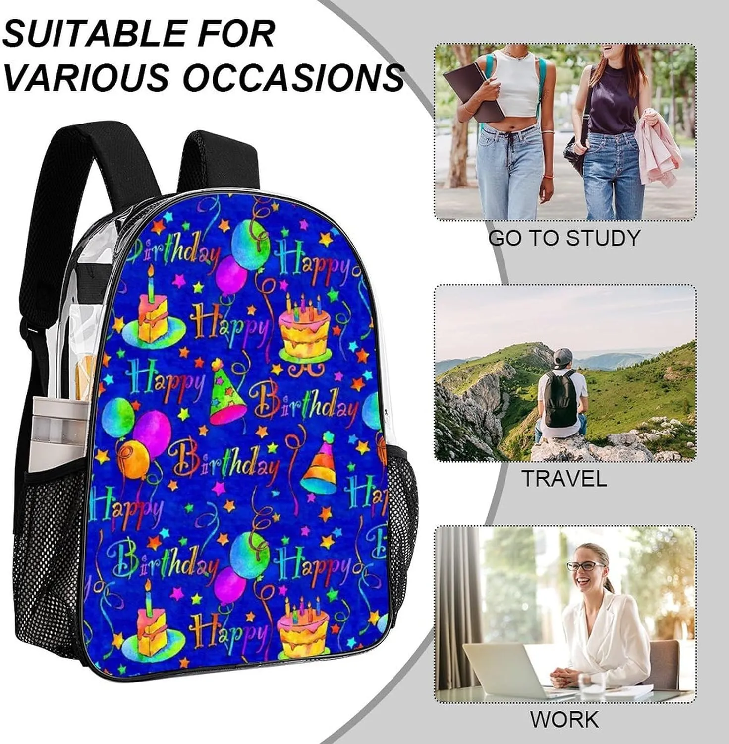 Happy Birthday Blue Cake Transparent Fashion Waterproof PVC Transparent Backpack Unisex 17 Inches