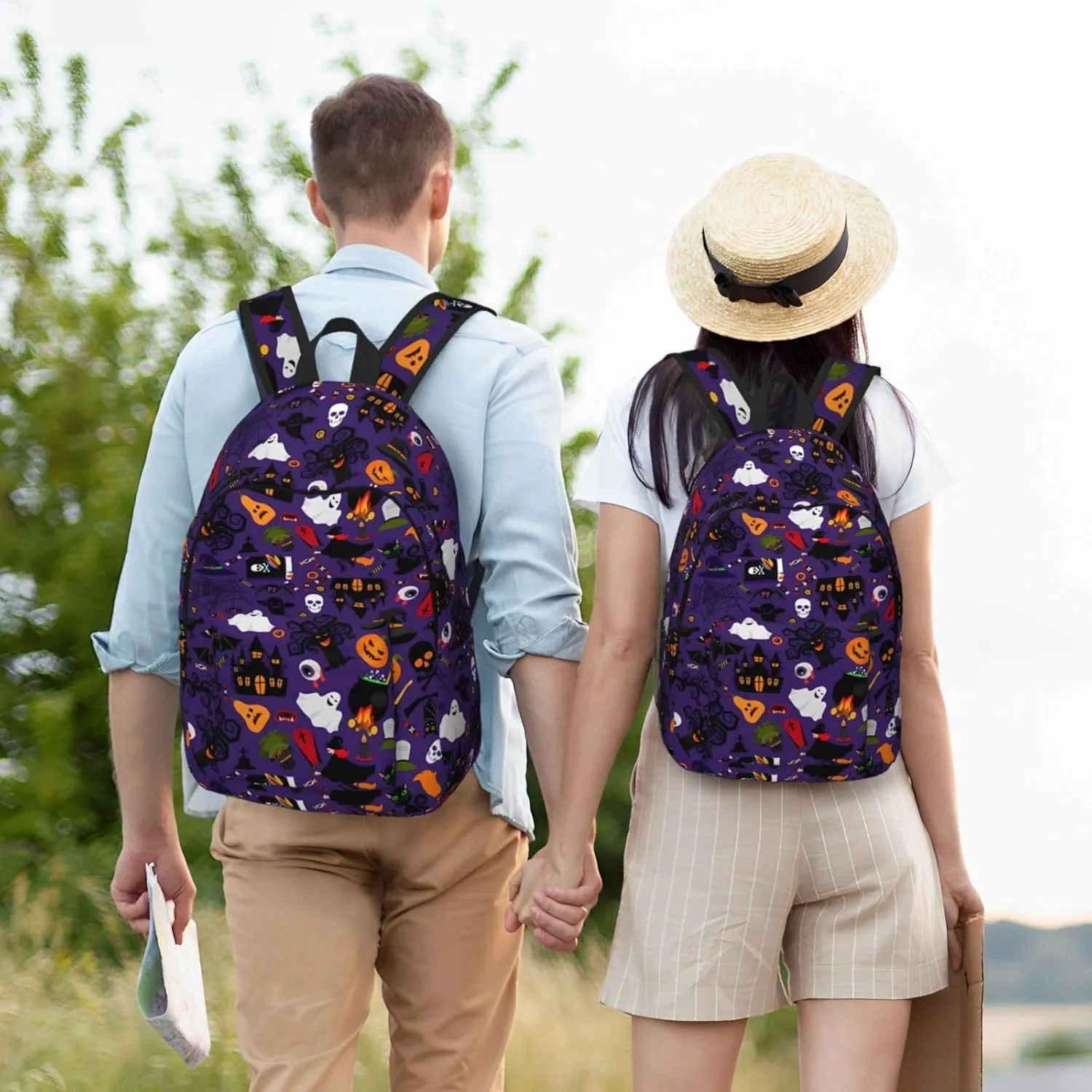 Happy Halloween Bats Witchs Spider Web Pumpkin Skull Bone Canvas Backpacks Laptop Backpack Multipurpose Double Shoulder Bag for Men Women Gifts Medium