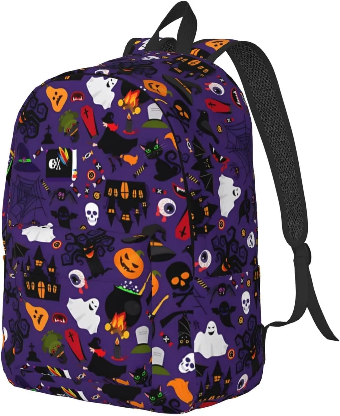 Happy Halloween Bats Witchs Spider Web Pumpkin Skull Bone Canvas Backpacks Laptop Backpack Multipurpose Double Shoulder Bag for Men Women Gifts Medium