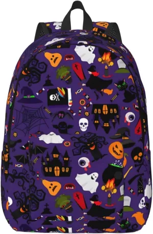 Happy Halloween Bats Witchs Spider Web Pumpkin Skull Bone Canvas Backpacks Laptop Backpack Multipurpose Double Shoulder Bag for Men Women Gifts Medium