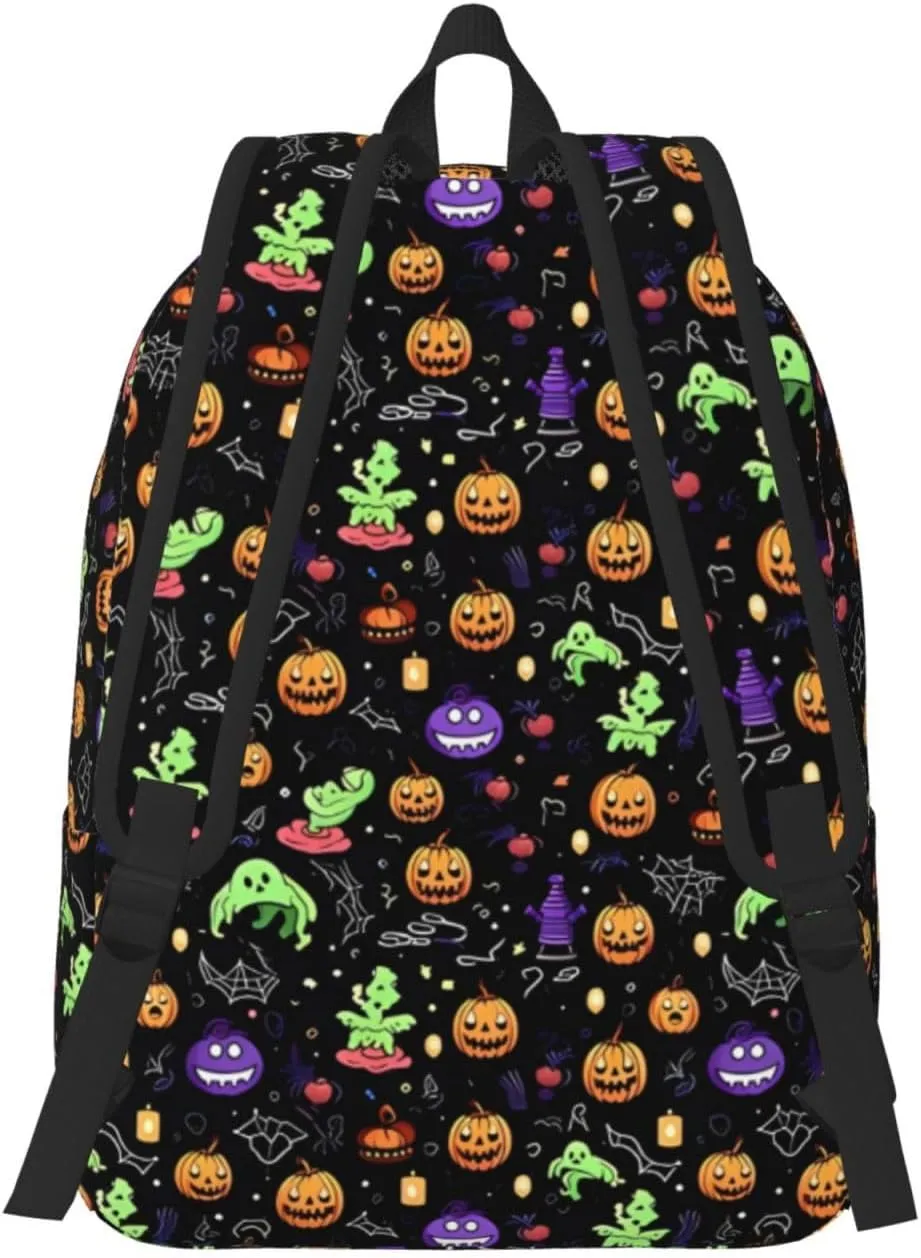 Happy Halloween Bats Witchs Spider Web Pumpkin Skull Bone Canvas Backpacks Laptop Backpack Multipurpose Double Shoulder Bag for Men Women Gifts Medium
