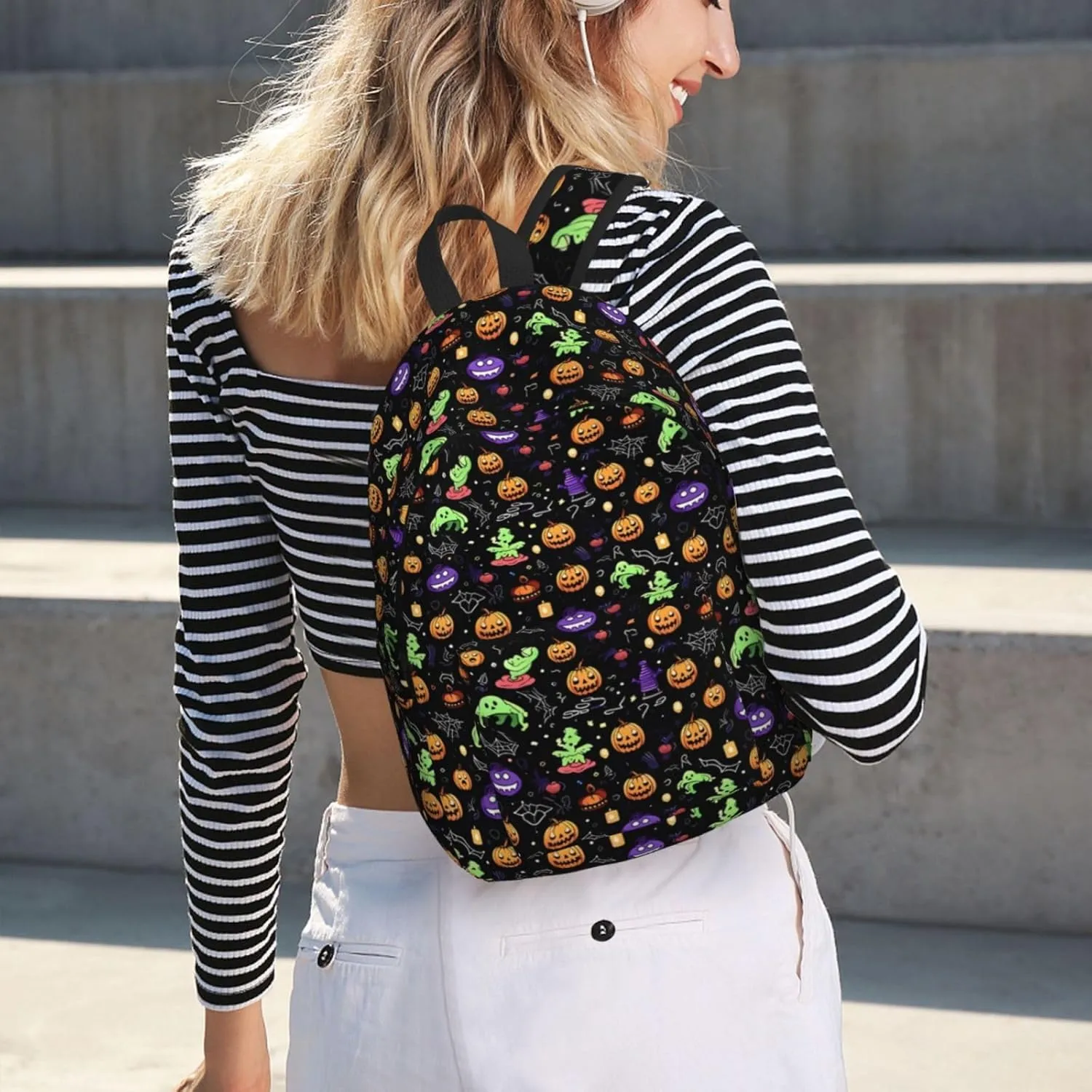 Happy Halloween Bats Witchs Spider Web Pumpkin Skull Bone Canvas Backpacks Laptop Backpack Multipurpose Double Shoulder Bag for Men Women Gifts Medium