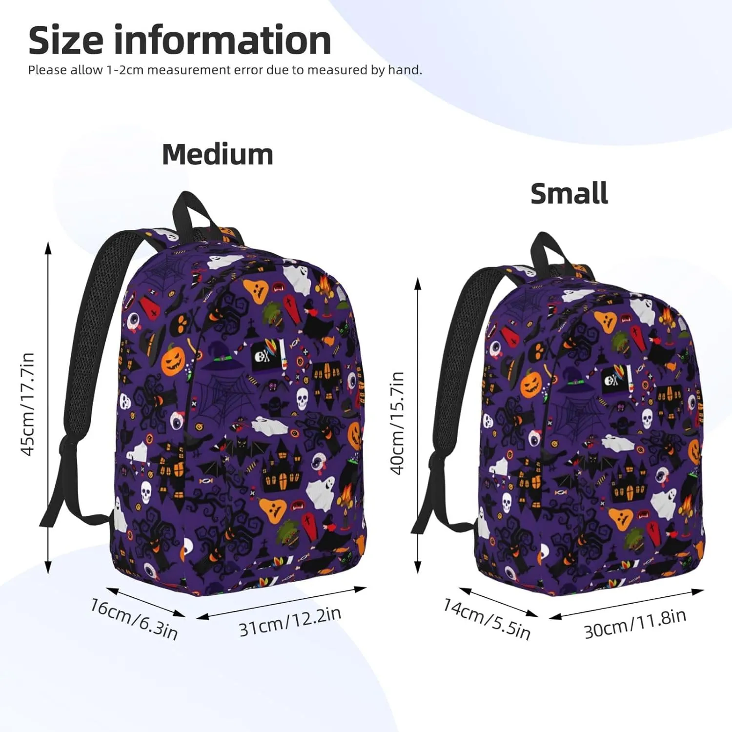 Happy Halloween Bats Witchs Spider Web Pumpkin Skull Bone Canvas Backpacks Laptop Backpack Multipurpose Double Shoulder Bag for Men Women Gifts Medium