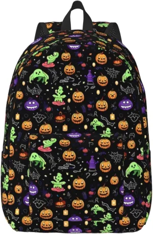 Happy Halloween Bats Witchs Spider Web Pumpkin Skull Bone Canvas Backpacks Laptop Backpack Multipurpose Double Shoulder Bag for Men Women Gifts Medium