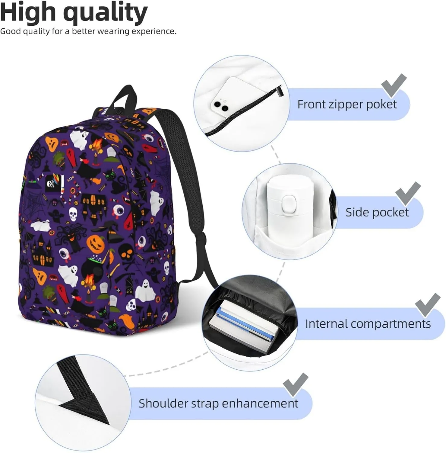 Happy Halloween Bats Witchs Spider Web Pumpkin Skull Bone Canvas Backpacks Laptop Backpack Multipurpose Double Shoulder Bag for Men Women Gifts Medium