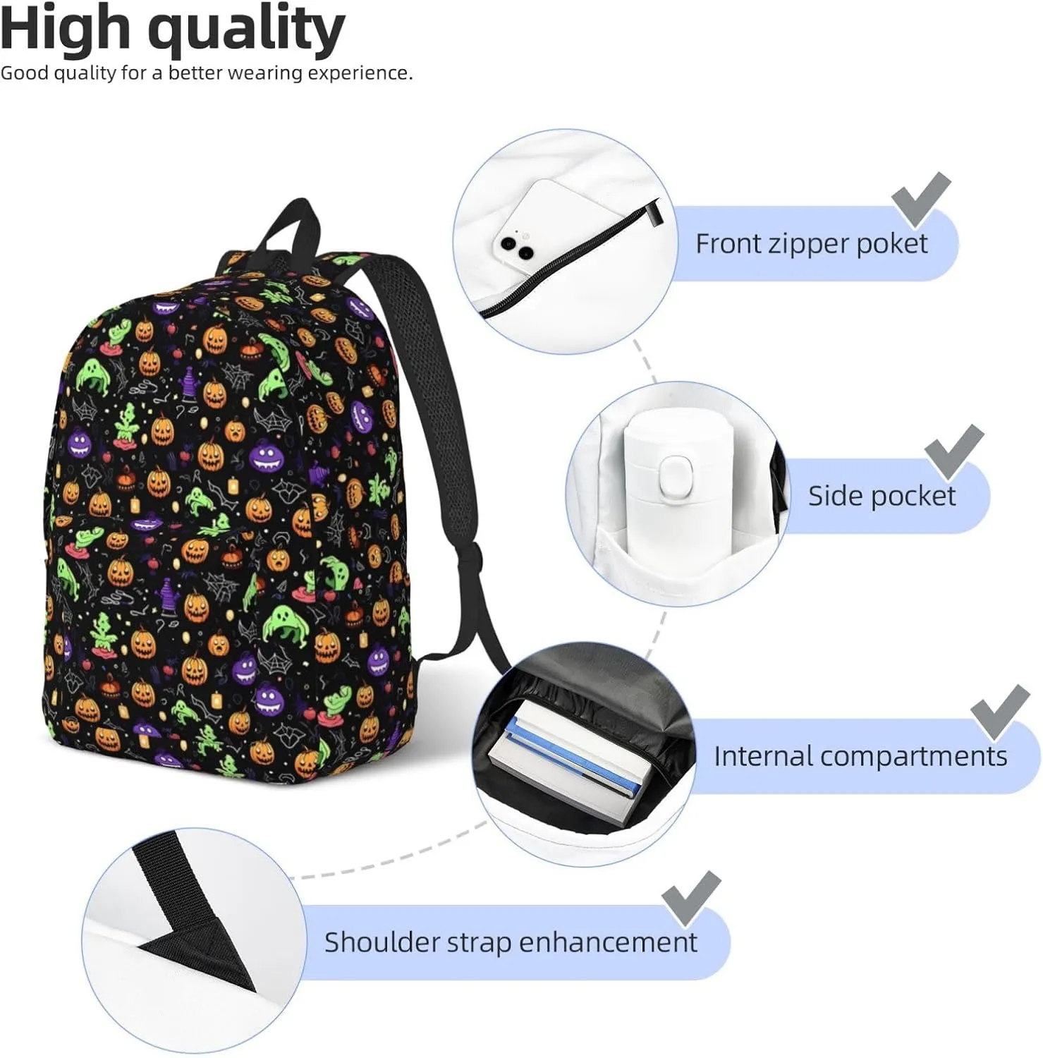 Happy Halloween Bats Witchs Spider Web Pumpkin Skull Bone Canvas Backpacks Laptop Backpack Multipurpose Double Shoulder Bag for Men Women Gifts Medium