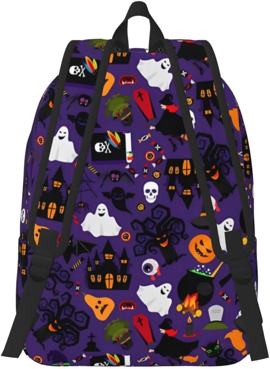 Happy Halloween Bats Witchs Spider Web Pumpkin Skull Bone Canvas Backpacks Laptop Backpack Multipurpose Double Shoulder Bag for Men Women Gifts Medium